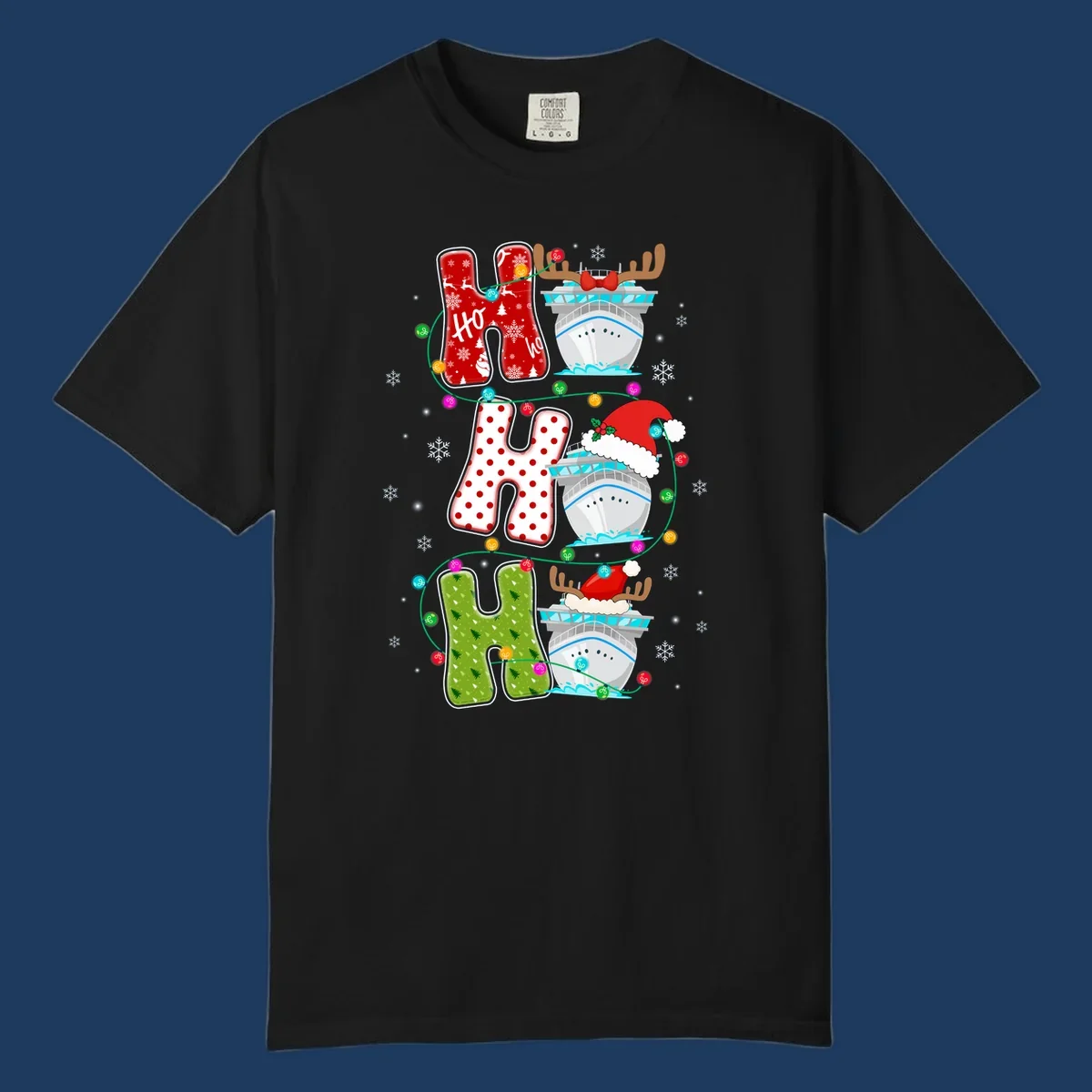 Ho ho ho cruise Christmas design featuring stocking-shaped letters, decorated cruise ships, reindeer, Santa hats, and holiday lights on gray background