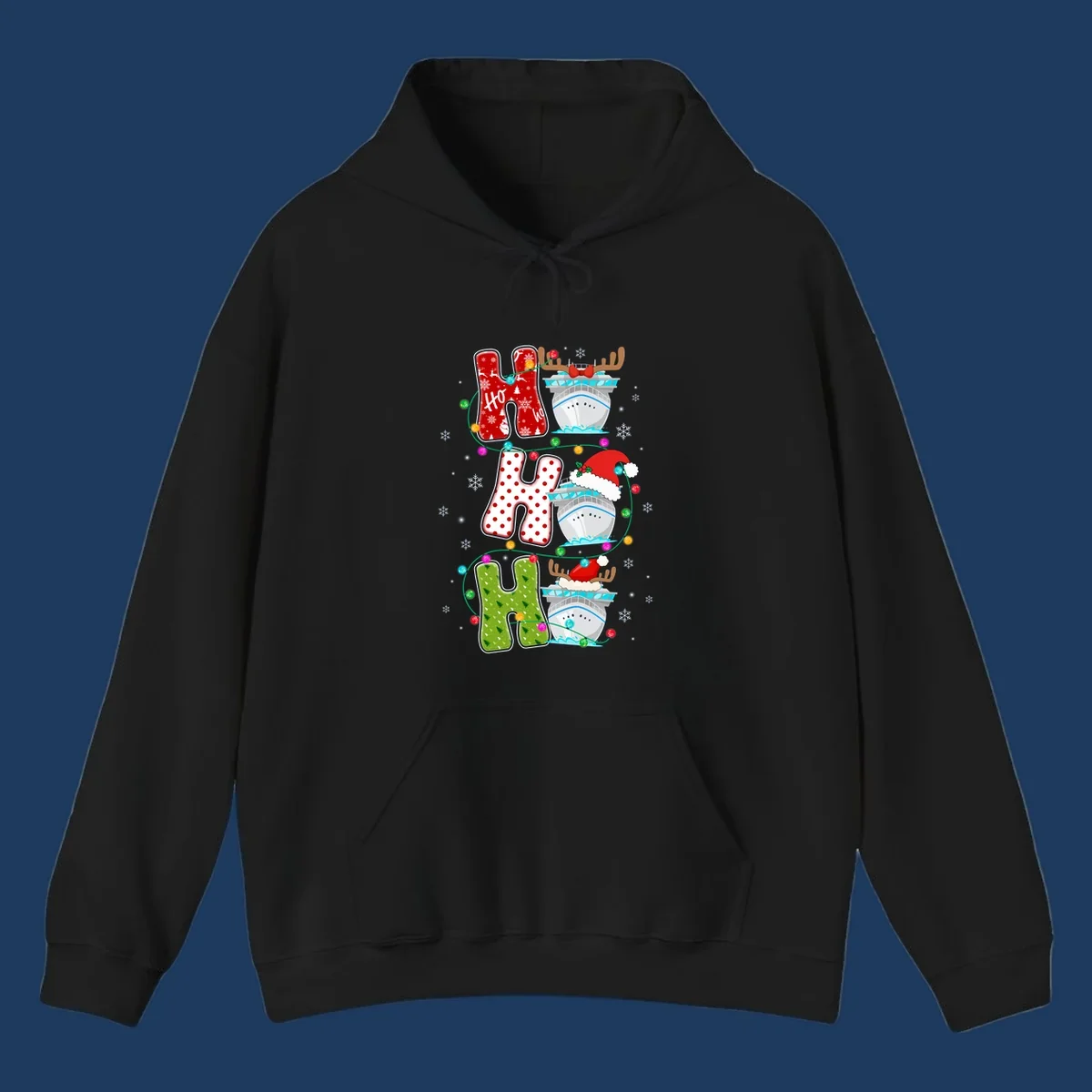 Ho ho ho cruise Christmas design featuring stocking-shaped letters, decorated cruise ships, reindeer, Santa hats, and holiday lights on gray background
