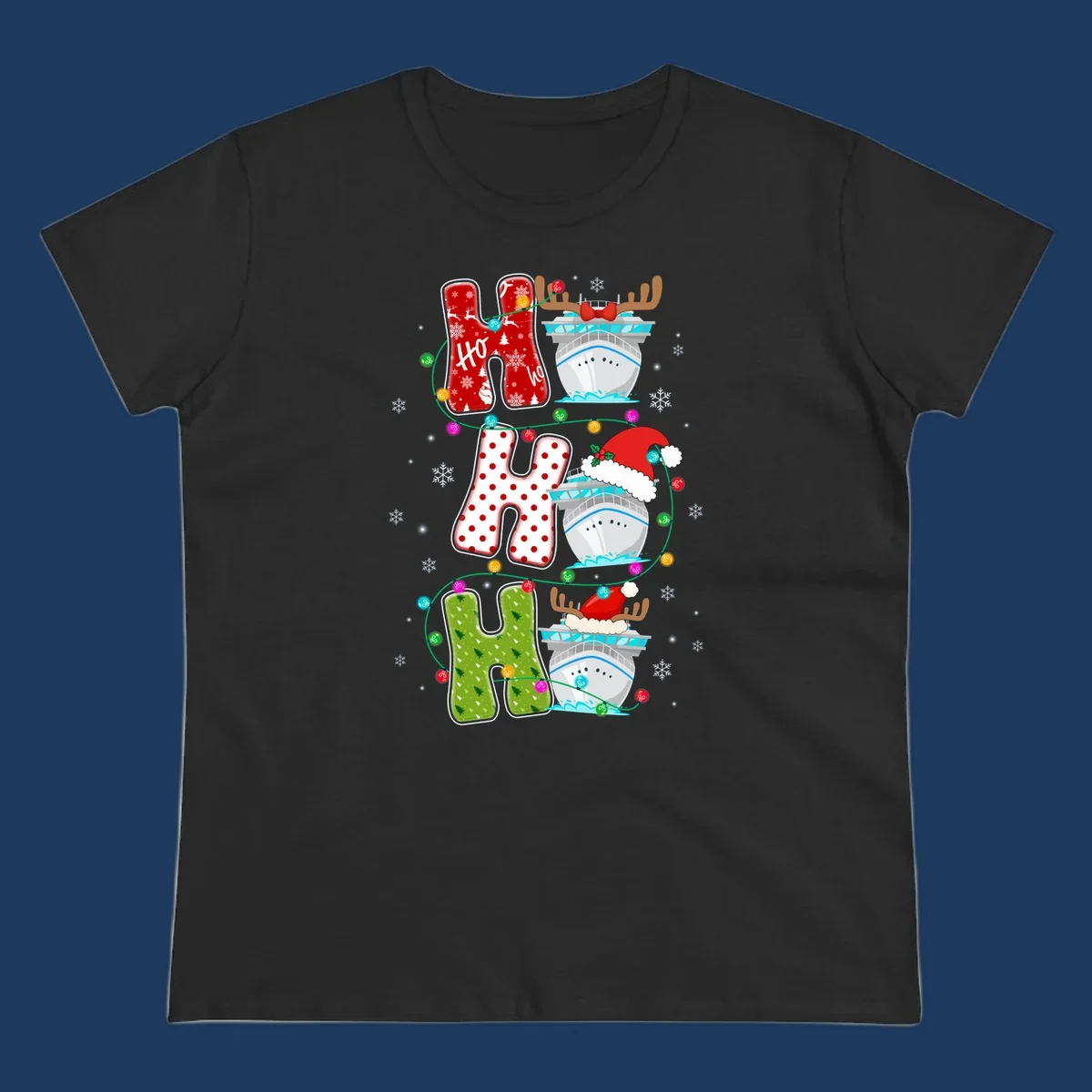 Ho ho ho cruise Christmas design featuring stocking-shaped letters, decorated cruise ships, reindeer, Santa hats, and holiday lights on gray background