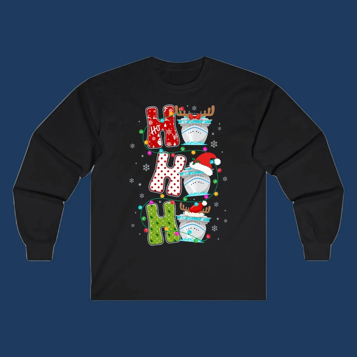 Ho ho ho cruise Christmas design featuring stocking-shaped letters, decorated cruise ships, reindeer, Santa hats, and holiday lights on gray background