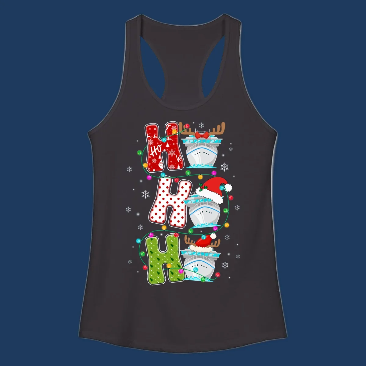 Ho ho ho cruise Christmas design featuring stocking-shaped letters, decorated cruise ships, reindeer, Santa hats, and holiday lights on gray background