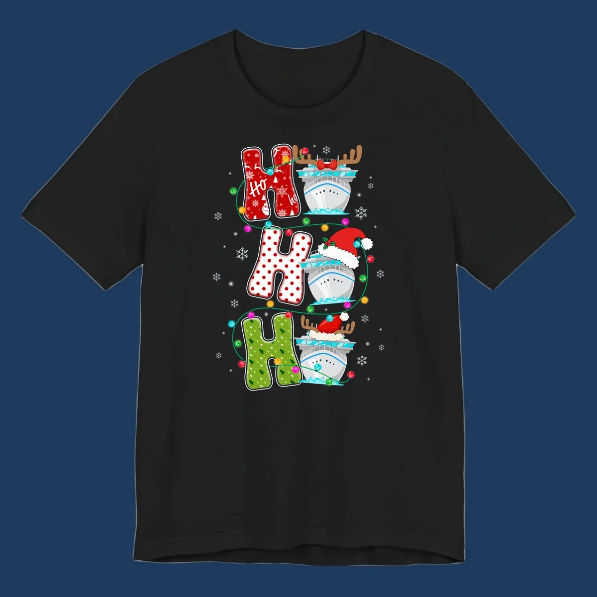 Ho ho ho cruise Christmas design featuring stocking-shaped letters, decorated cruise ships, reindeer, Santa hats, and holiday lights on gray background