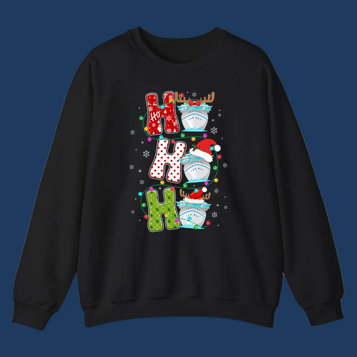 Ho ho ho cruise Christmas design featuring stocking-shaped letters, decorated cruise ships, reindeer, Santa hats, and holiday lights on gray background