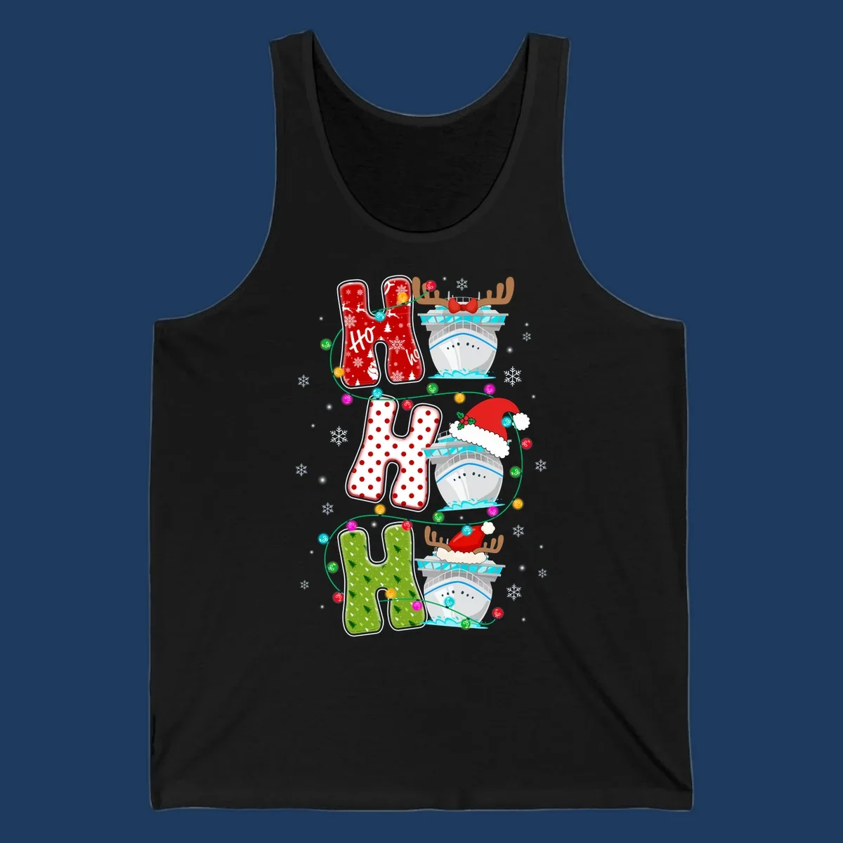 Ho ho ho cruise Christmas design featuring stocking-shaped letters, decorated cruise ships, reindeer, Santa hats, and holiday lights on gray background