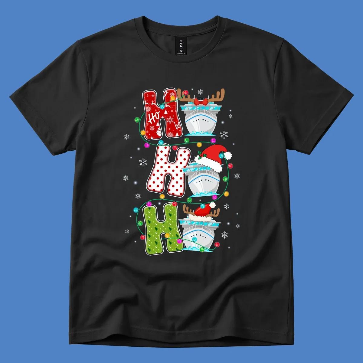 Ho ho ho cruise Christmas design featuring stocking-shaped letters, decorated cruise ships, reindeer, Santa hats, and holiday lights on gray background
