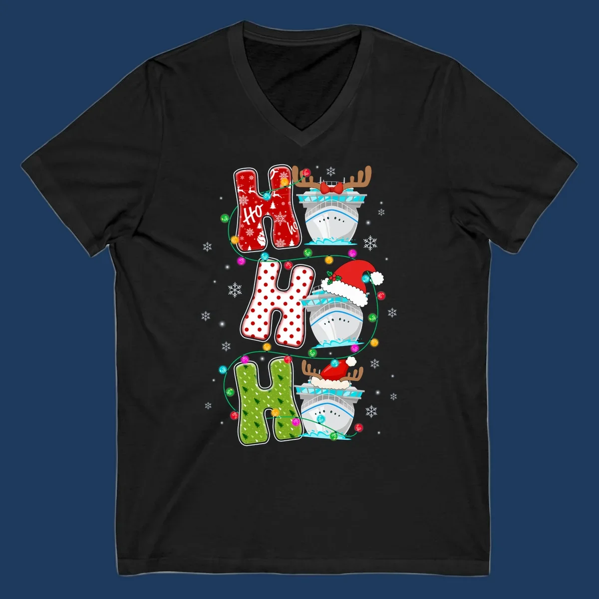 Ho ho ho cruise Christmas design featuring stocking-shaped letters, decorated cruise ships, reindeer, Santa hats, and holiday lights on gray background