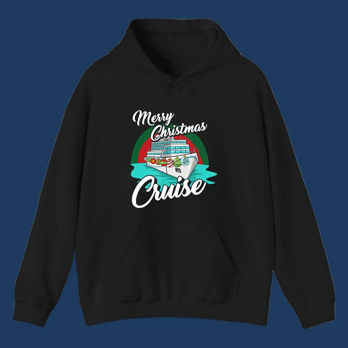 Merry Christmas Cruise design featuring a decorated cruise ship with holiday ornaments sailing on turquoise water
