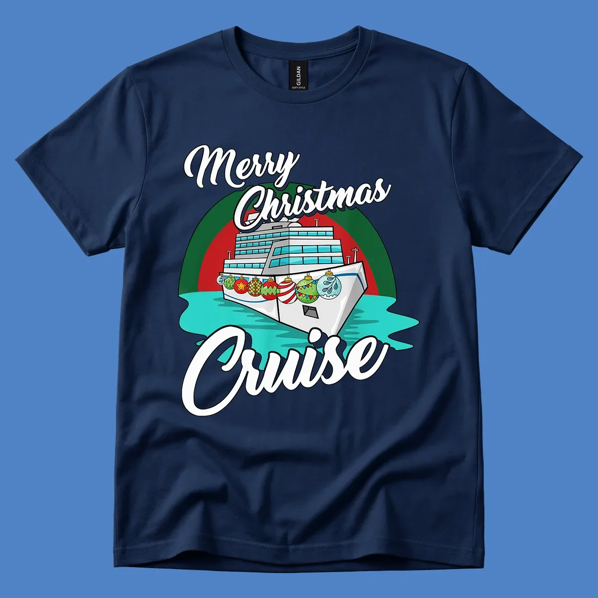 Merry Christmas Cruise design featuring a decorated cruise ship with holiday ornaments sailing on turquoise water