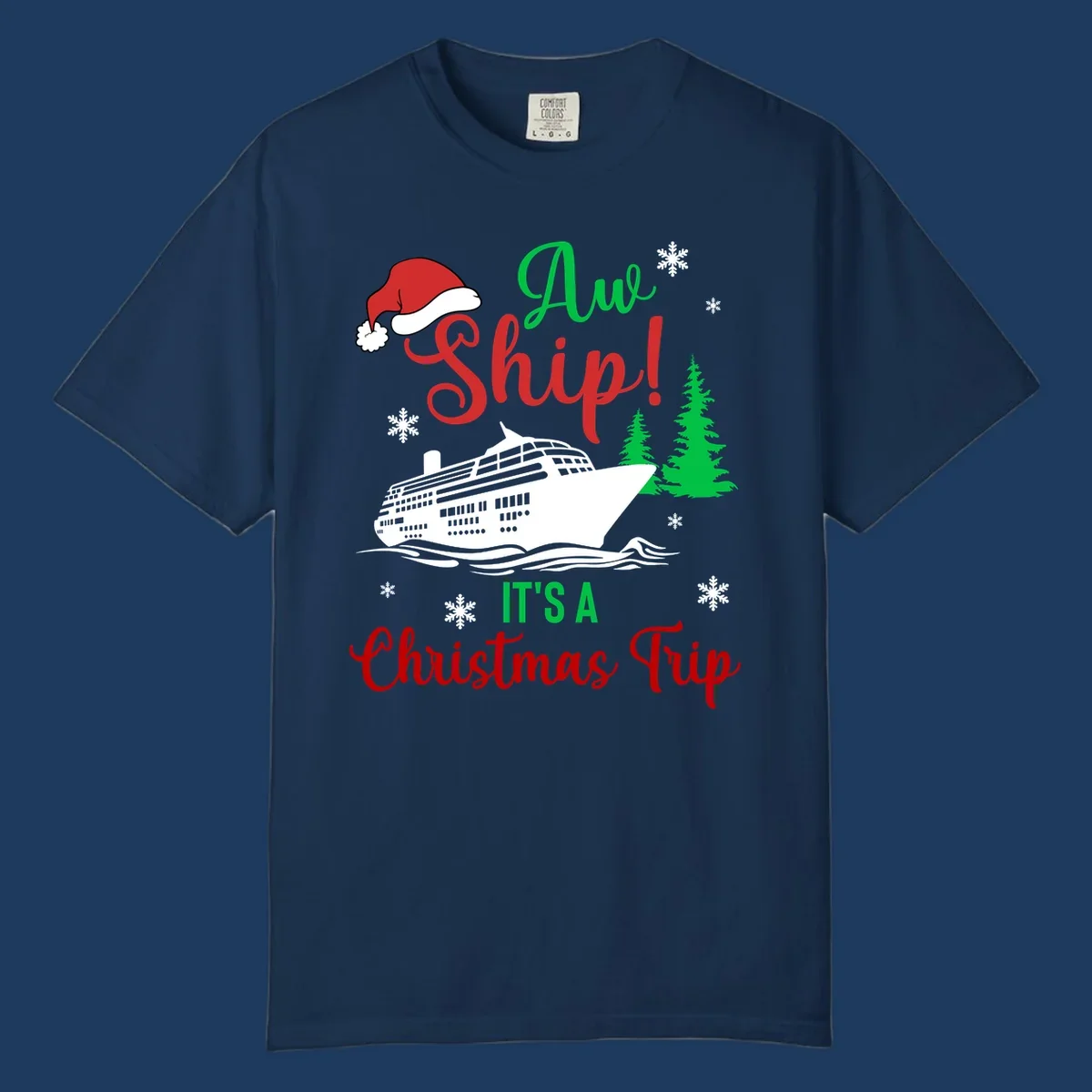 Aww ship Christmas cruise design with sailing ship, Santa hat, pine trees, snowflakes and holiday cruise text