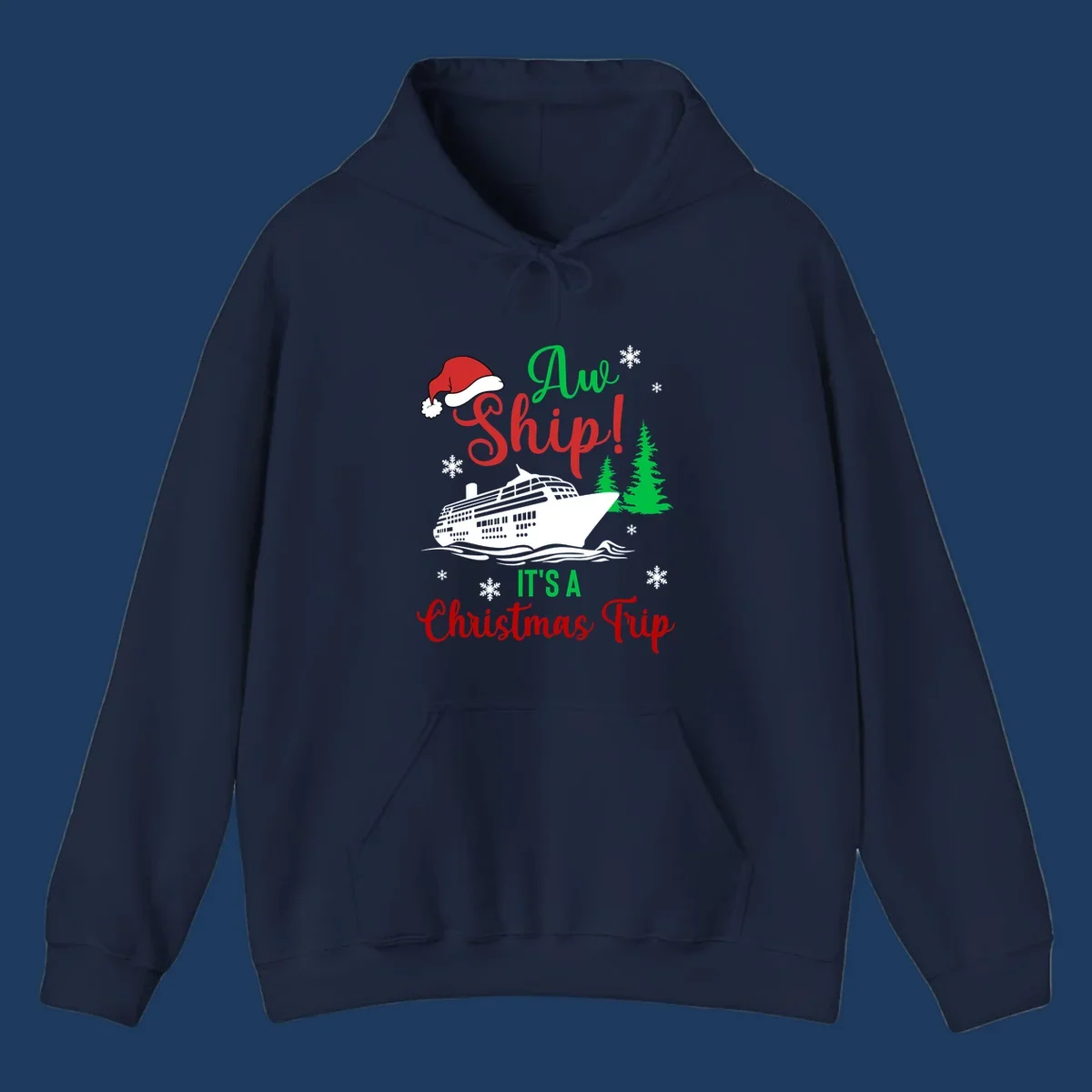 Aww ship Christmas cruise design with sailing ship, Santa hat, pine trees, snowflakes and holiday cruise text