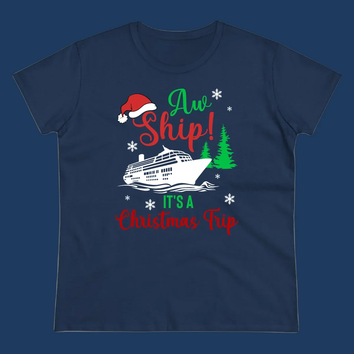 Aww ship Christmas cruise design with sailing ship, Santa hat, pine trees, snowflakes and holiday cruise text
