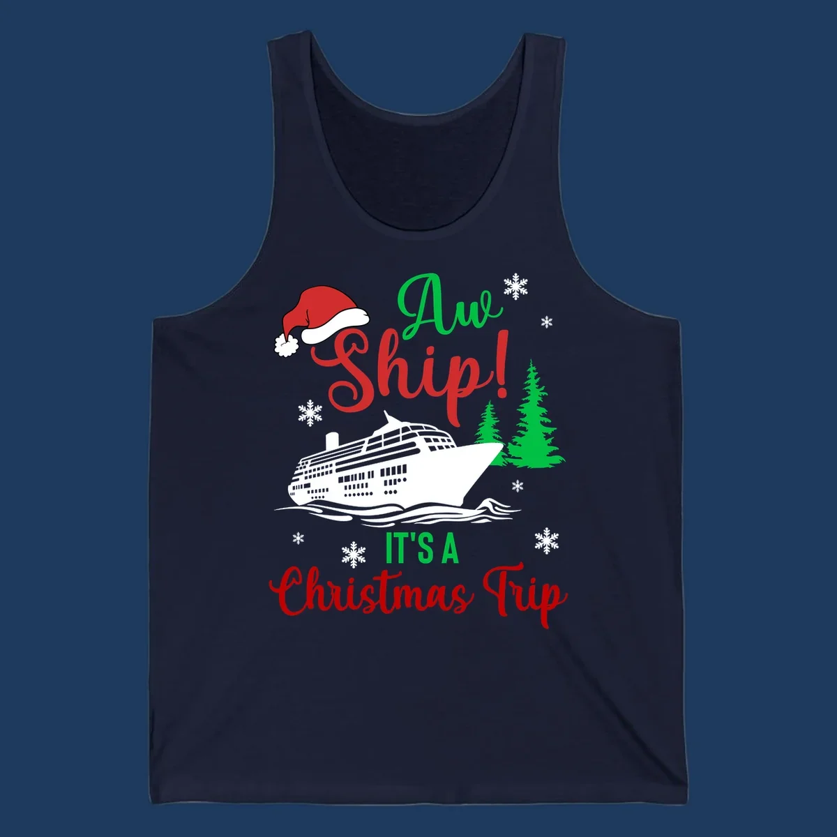 Aww ship Christmas cruise design with sailing ship, Santa hat, pine trees, snowflakes and holiday cruise text