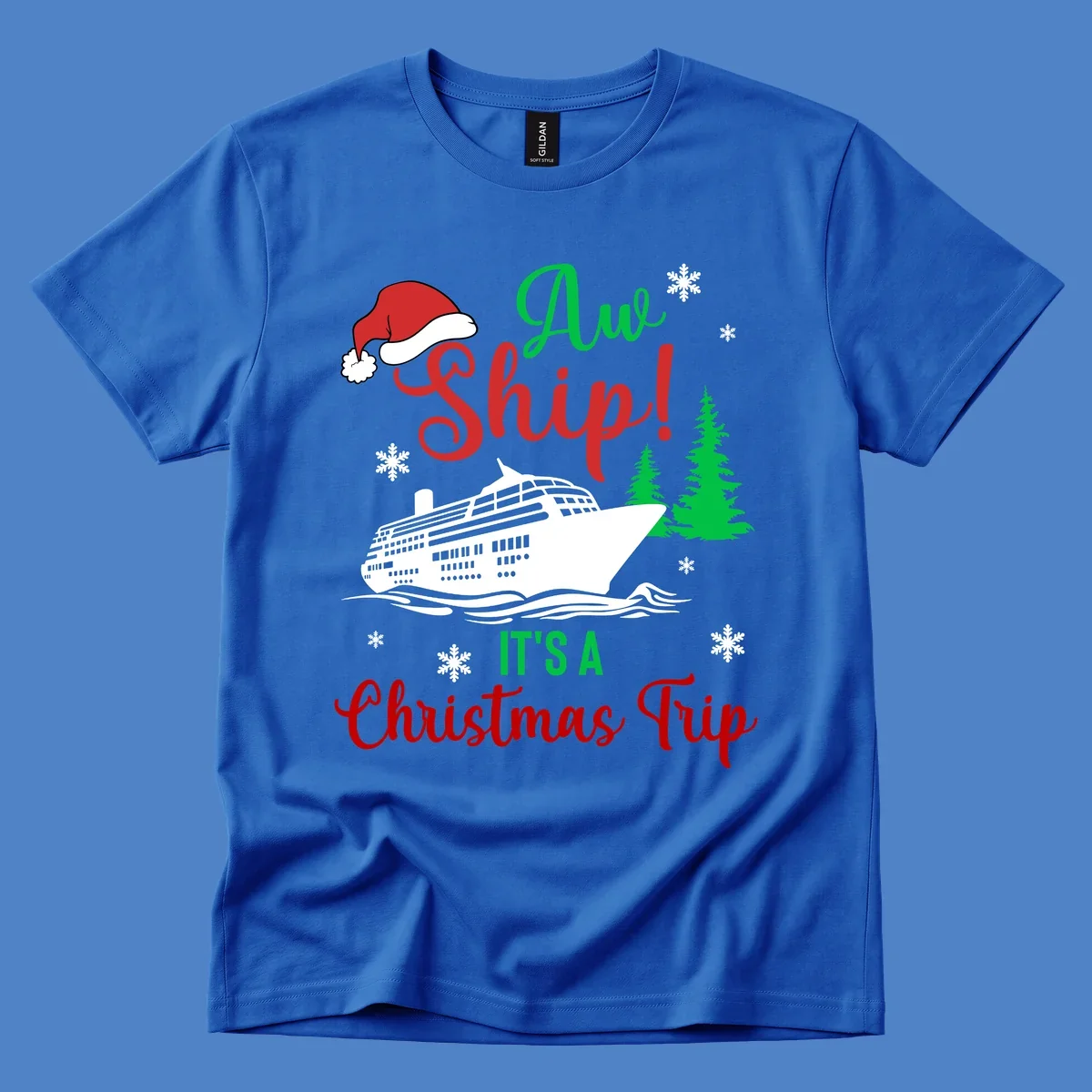 Aww ship Christmas cruise design with sailing ship, Santa hat, pine trees, snowflakes and holiday cruise text