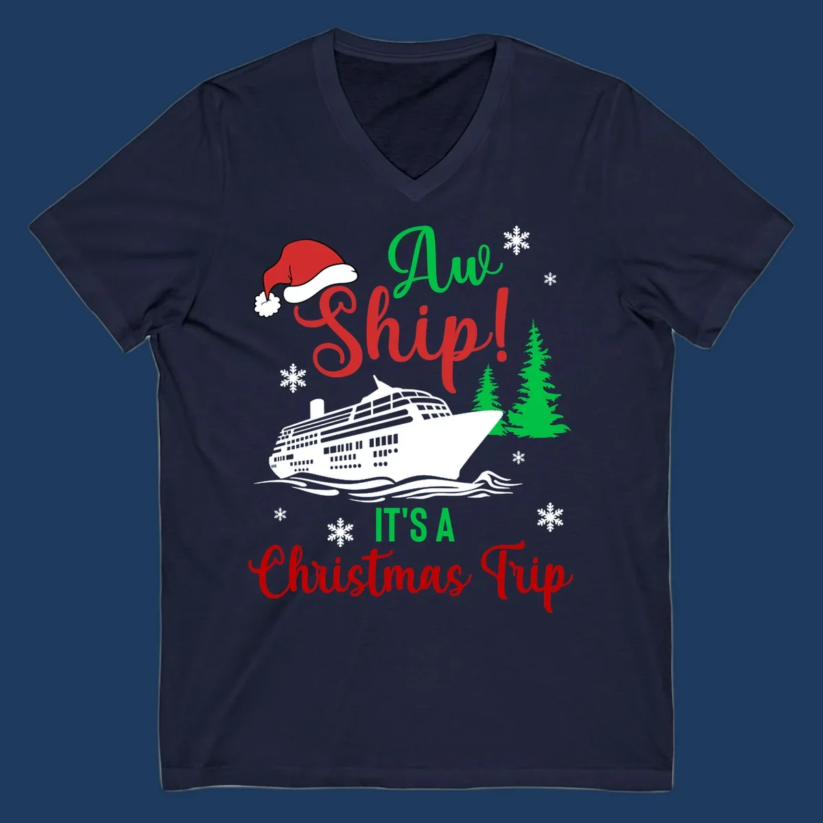 Aww ship Christmas cruise design with sailing ship, Santa hat, pine trees, snowflakes and holiday cruise text