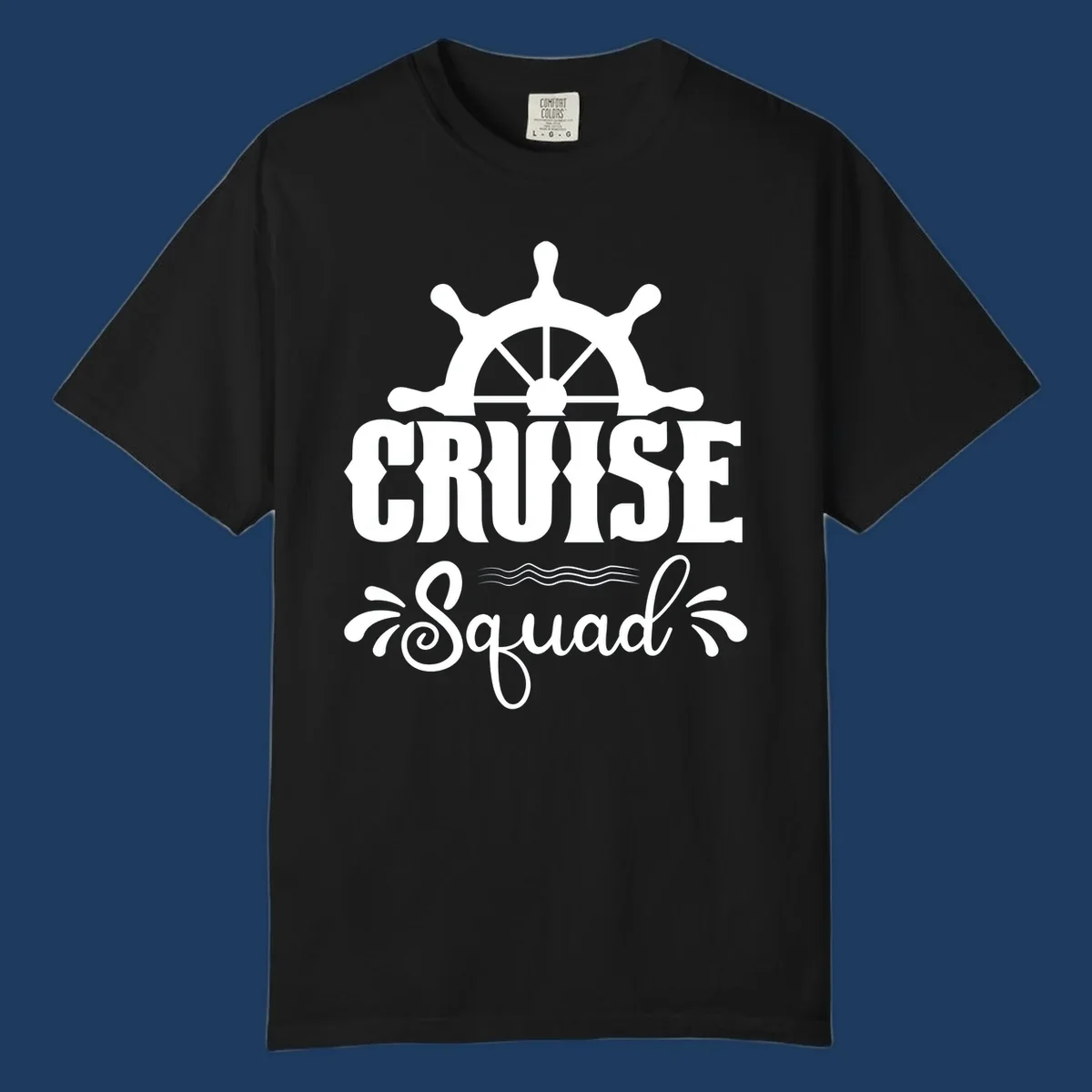 Cruise squad ship wheel design with ornate nautical helm and decorative waves on gray background