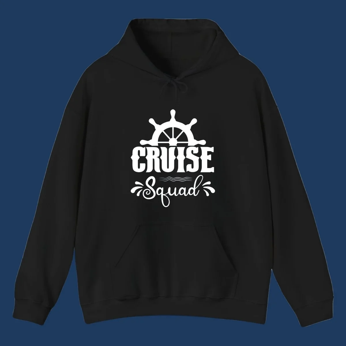 Cruise squad ship wheel design with ornate nautical helm and decorative waves on gray background