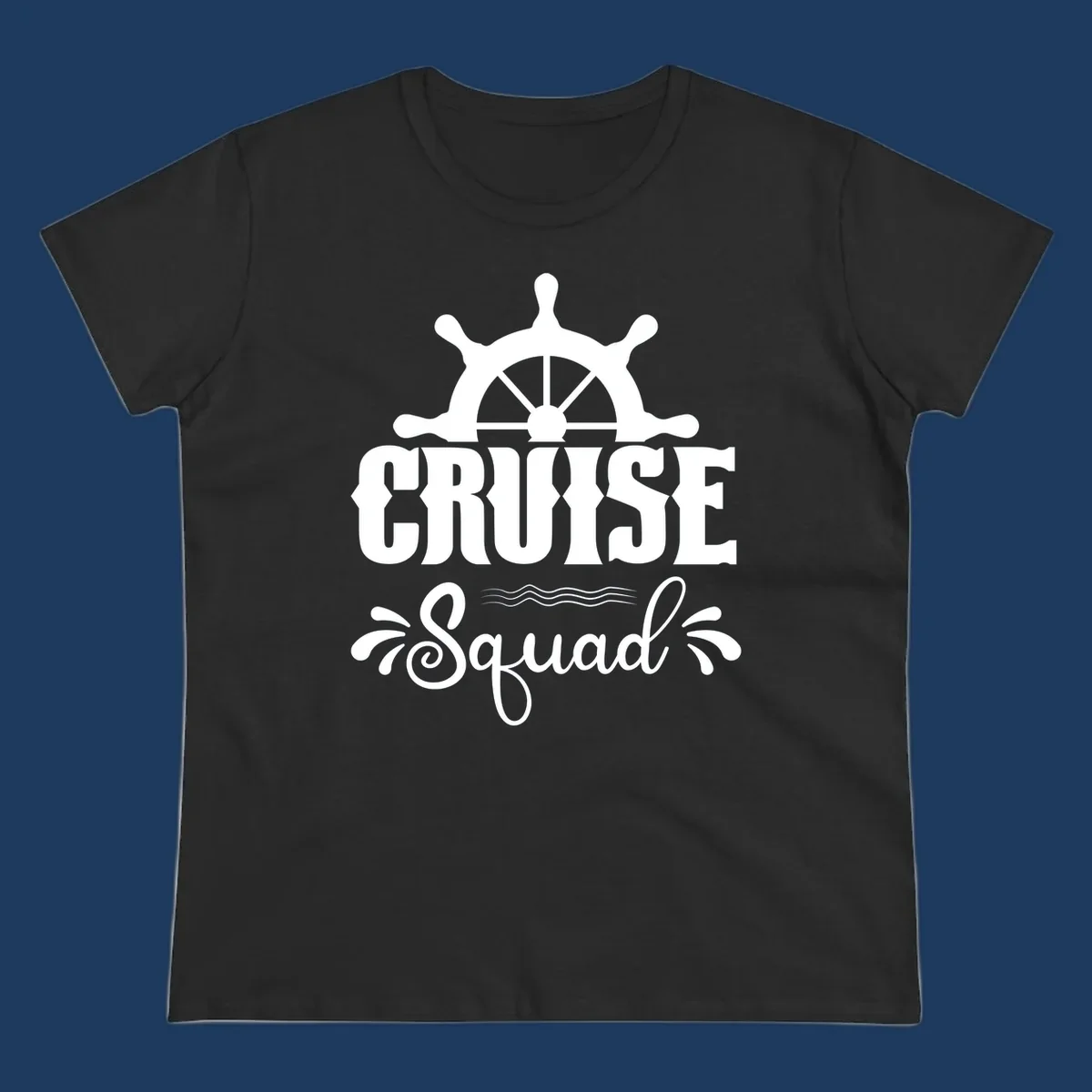 Cruise squad ship wheel design with ornate nautical helm and decorative waves on gray background