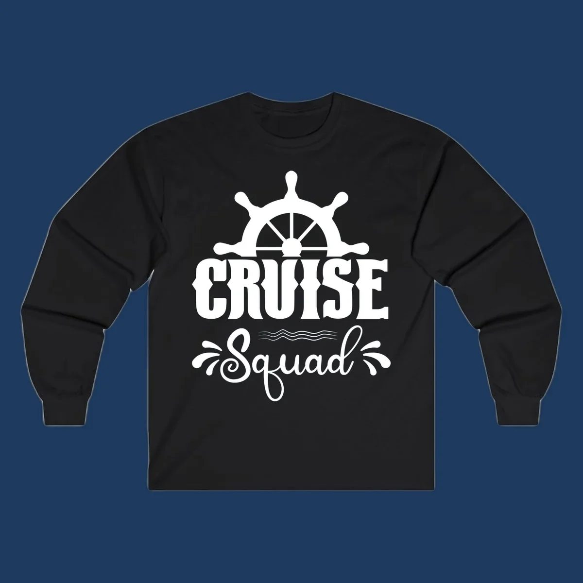 Cruise squad ship wheel design with ornate nautical helm and decorative waves on gray background