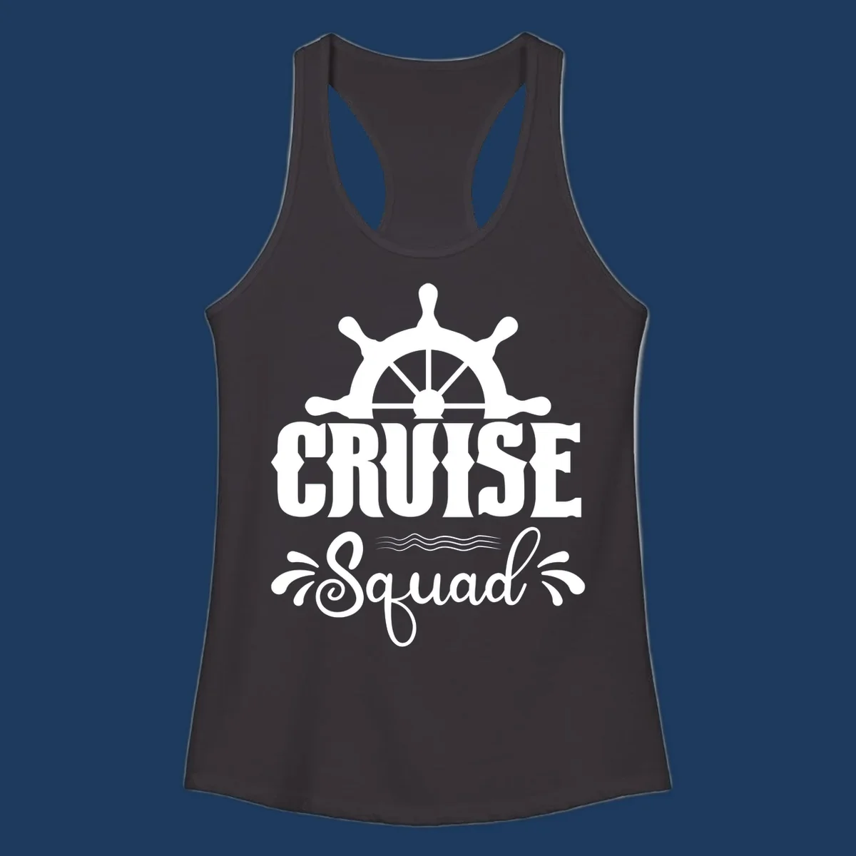 Cruise squad ship wheel design with ornate nautical helm and decorative waves on gray background