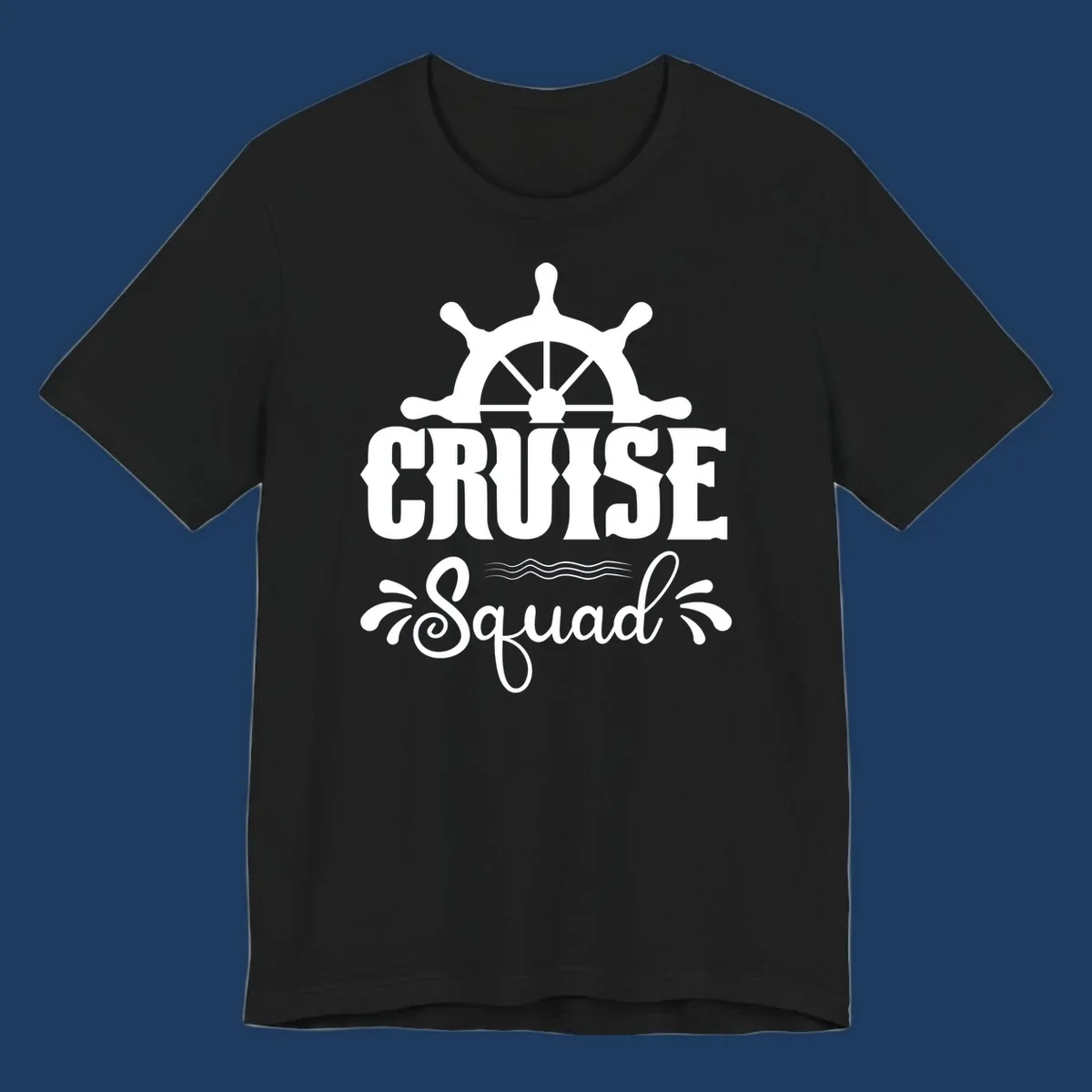 Cruise squad ship wheel design with ornate nautical helm and decorative waves on gray background
