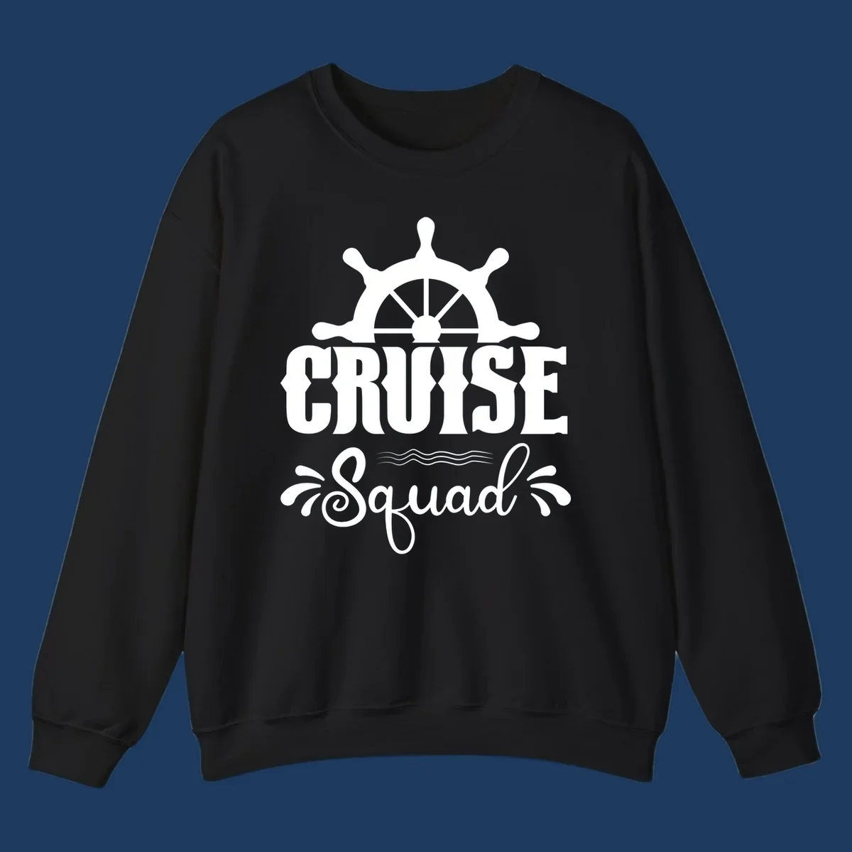 Cruise squad ship wheel design with ornate nautical helm and decorative waves on gray background