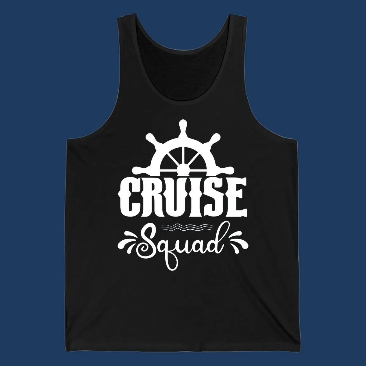 Cruise squad ship wheel design with ornate nautical helm and decorative waves on gray background