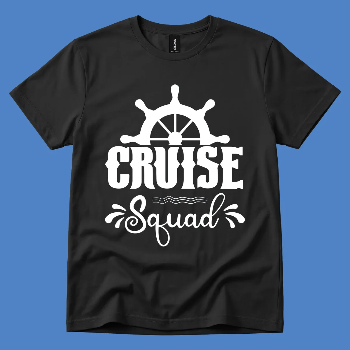 Cruise squad ship wheel design with ornate nautical helm and decorative waves on gray background