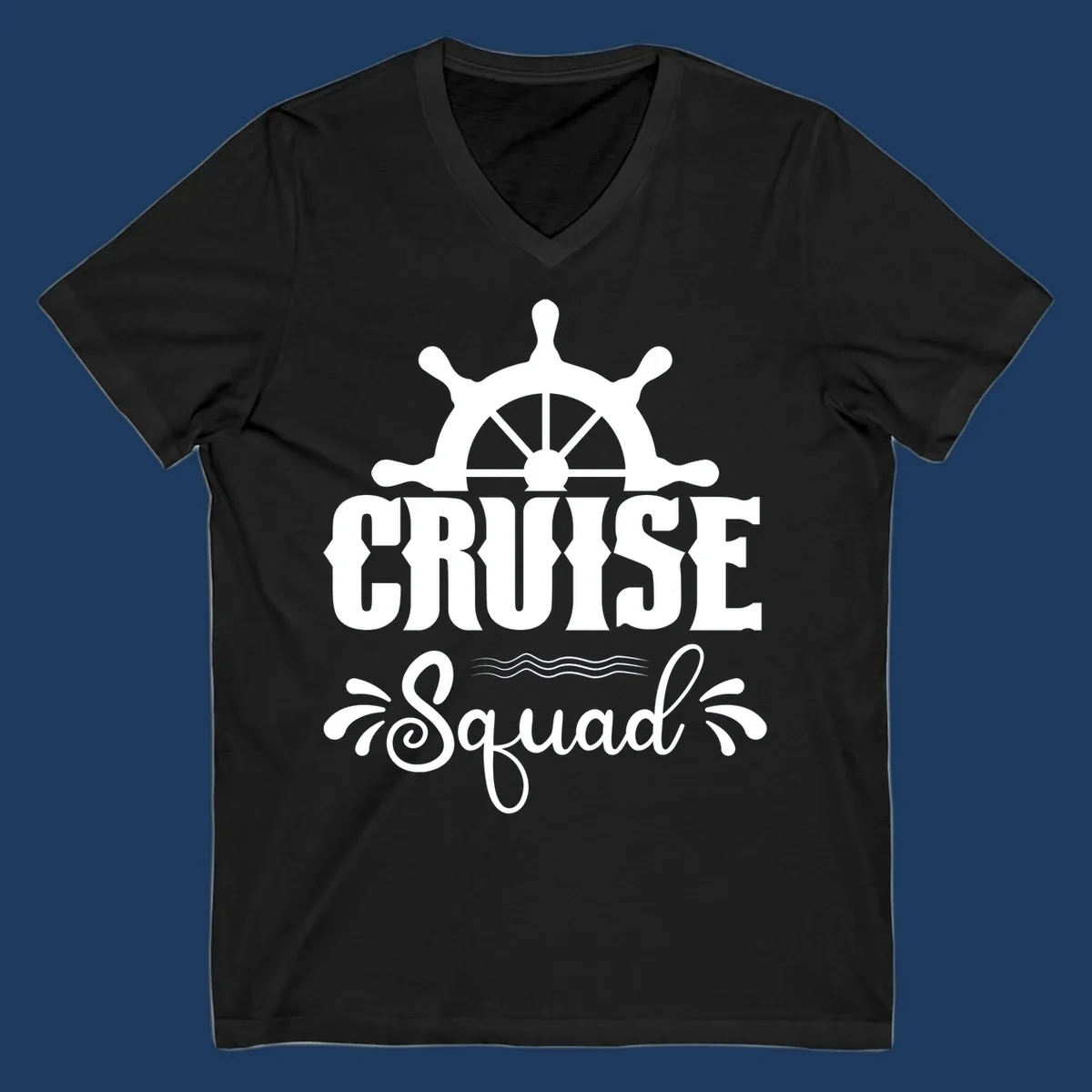 Cruise squad ship wheel design with ornate nautical helm and decorative waves on gray background