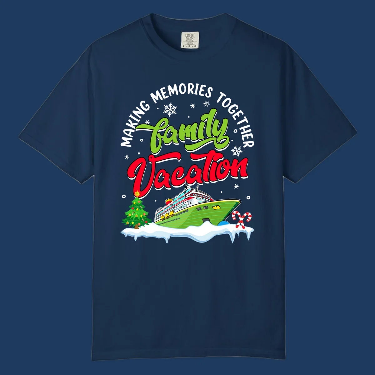 Family vacation cruise design with colorful ship, Christmas tree, candy canes and snowflakes on gray background