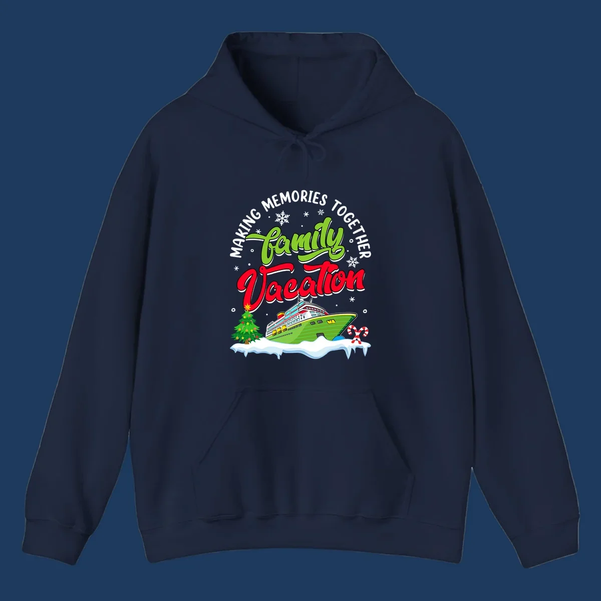 Family vacation cruise design with colorful ship, Christmas tree, candy canes and snowflakes on gray background