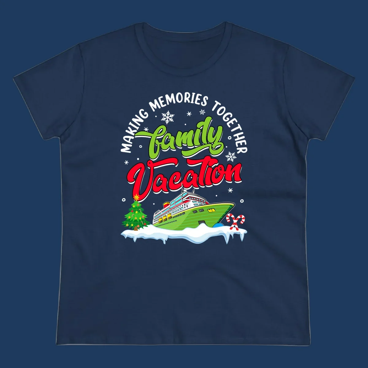 Family vacation cruise design with colorful ship, Christmas tree, candy canes and snowflakes on gray background