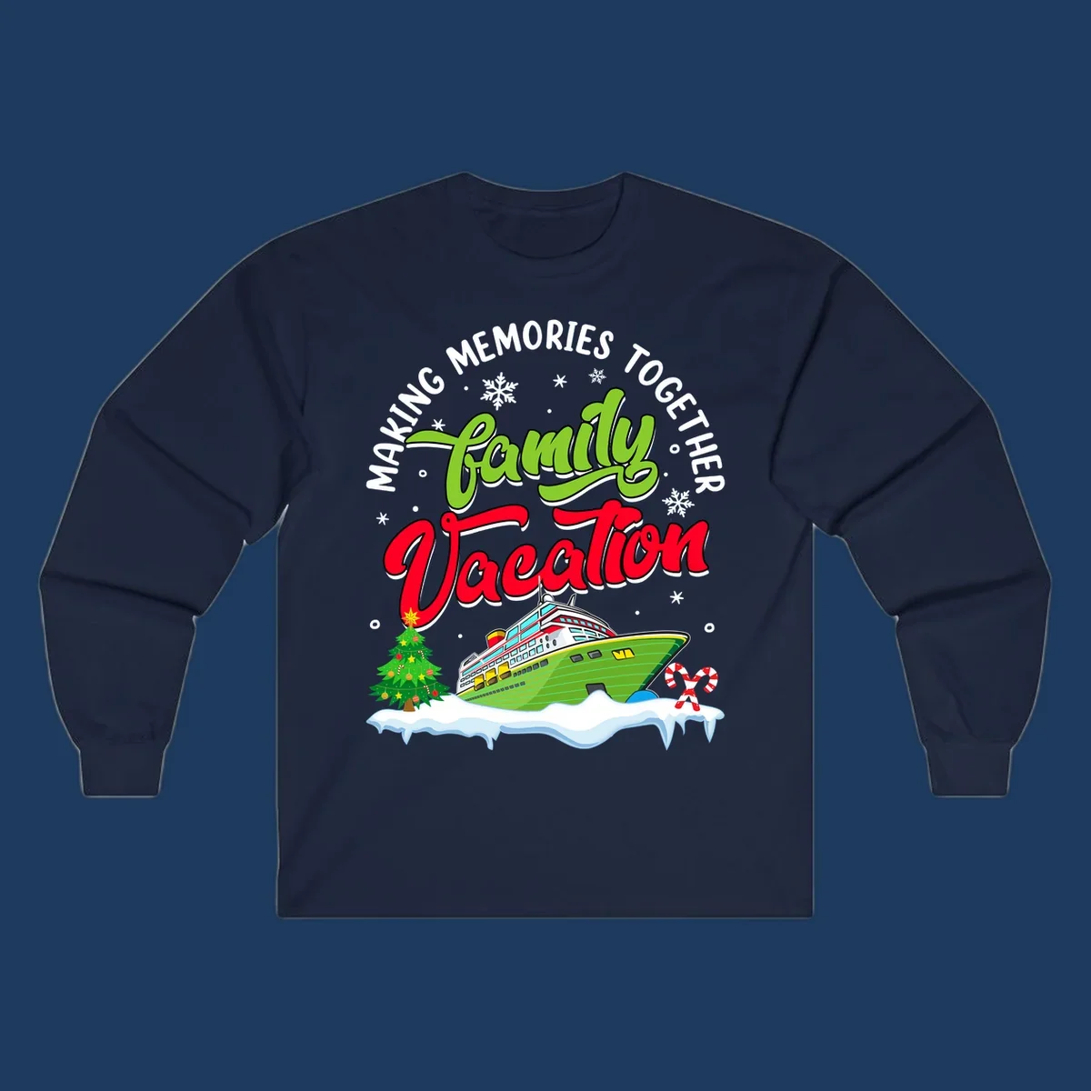 Family vacation cruise design with colorful ship, Christmas tree, candy canes and snowflakes on gray background