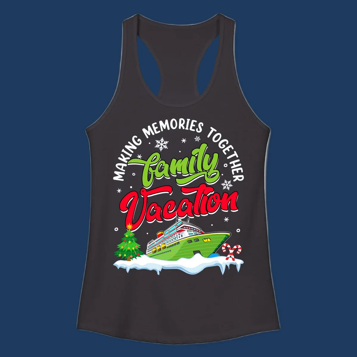 Family vacation cruise design with colorful ship, Christmas tree, candy canes and snowflakes on gray background