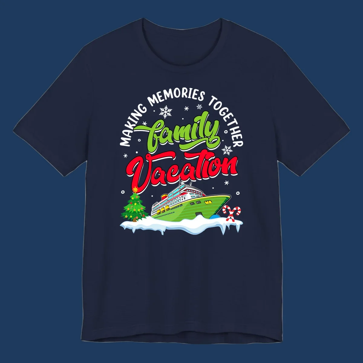 Family vacation cruise design with colorful ship, Christmas tree, candy canes and snowflakes on gray background
