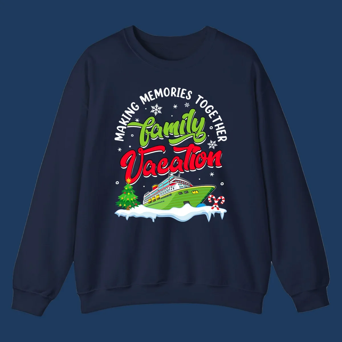 Family vacation cruise design with colorful ship, Christmas tree, candy canes and snowflakes on gray background