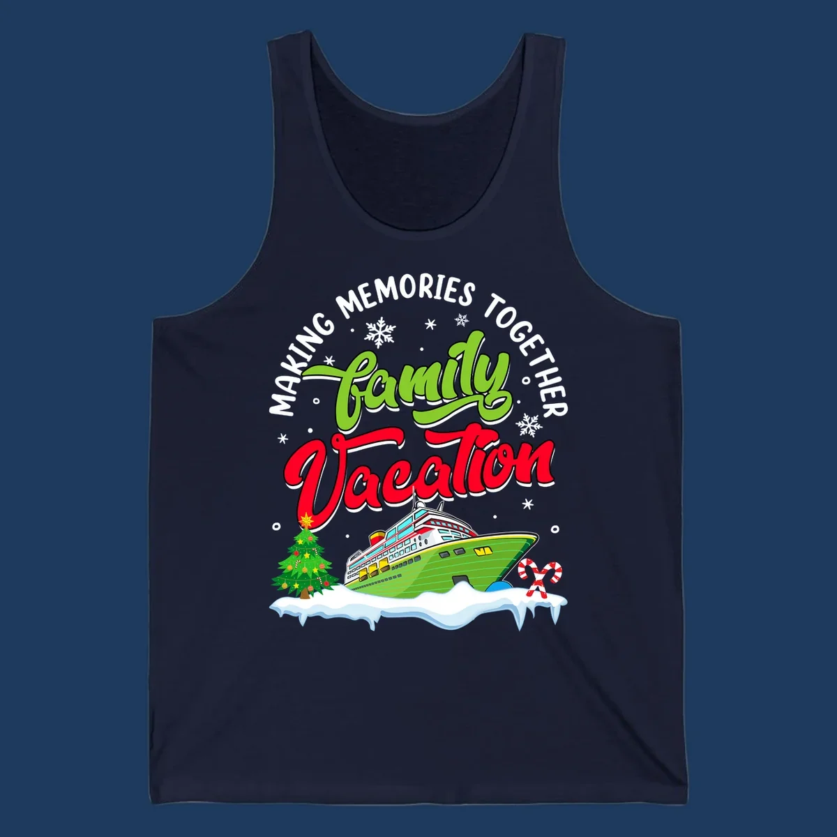 Family vacation cruise design with colorful ship, Christmas tree, candy canes and snowflakes on gray background