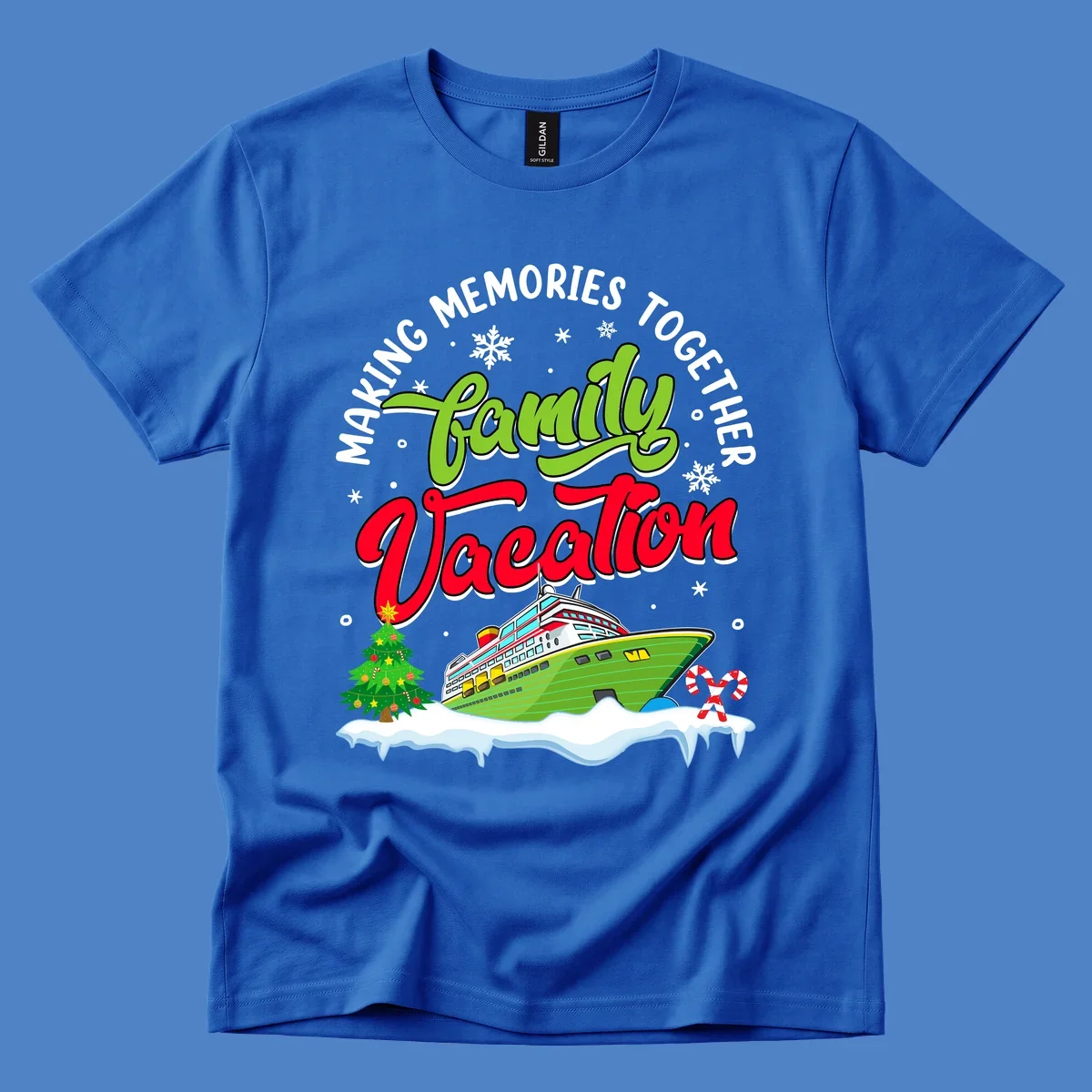 Family vacation cruise design with colorful ship, Christmas tree, candy canes and snowflakes on gray background
