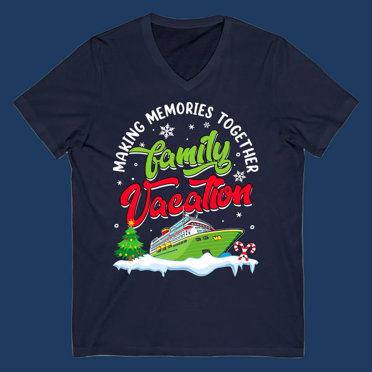 Family vacation cruise design with colorful ship, Christmas tree, candy canes and snowflakes on gray background