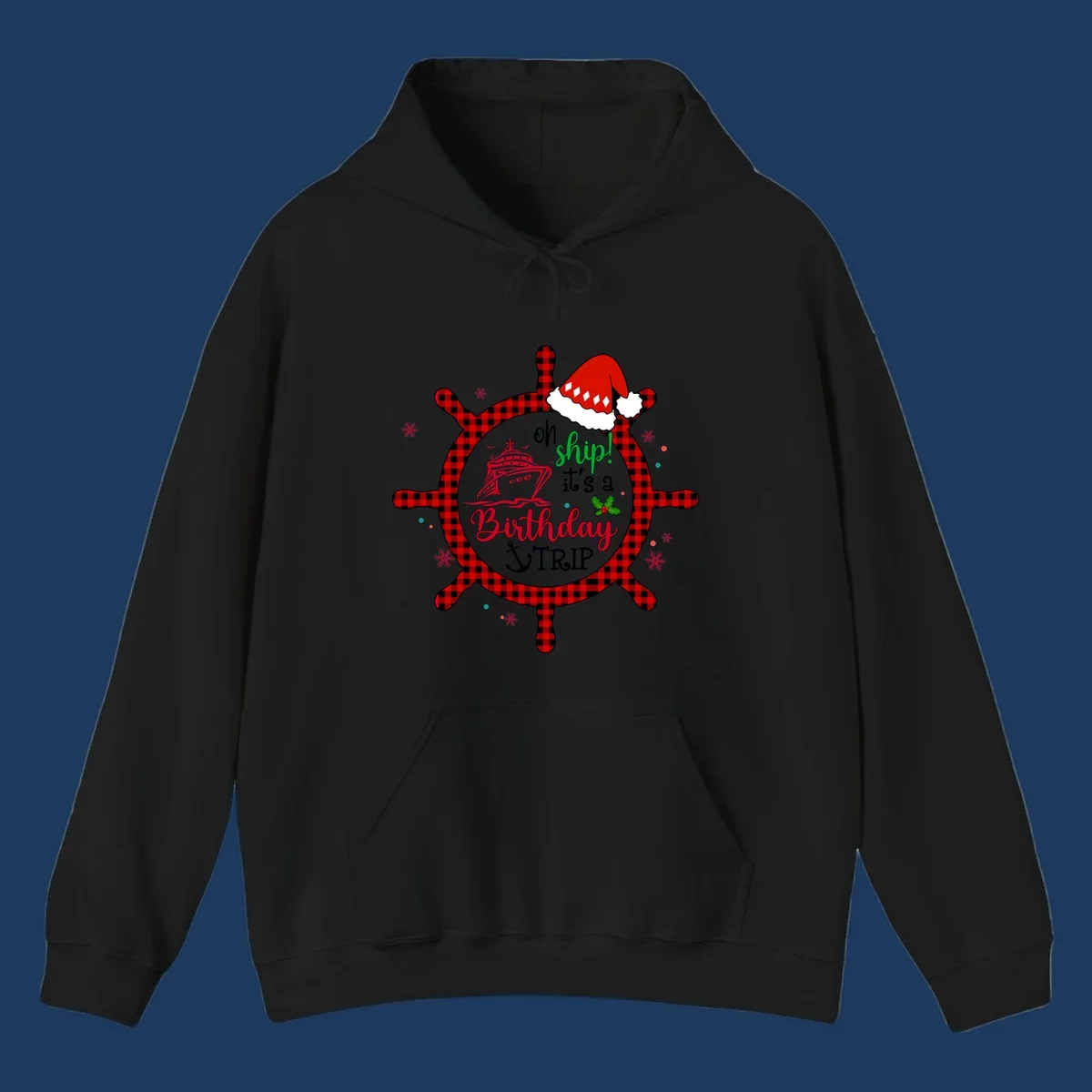 Oh ship birthday cruise design with plaid ship wheel, cruise ship illustration, Santa hat, and holly leaves on gray background
