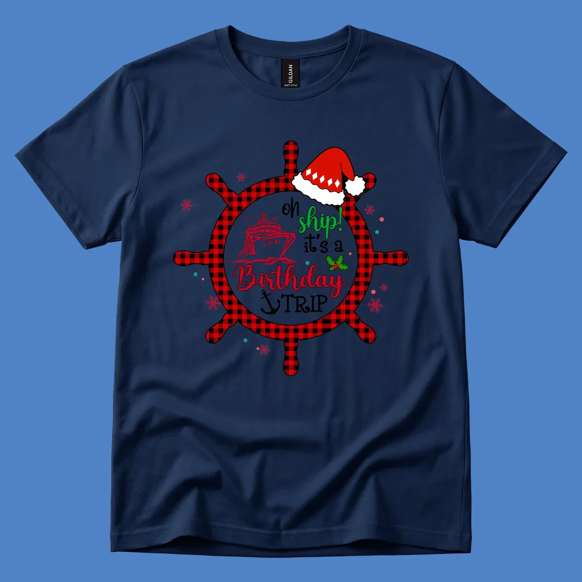 Oh ship birthday cruise design with plaid ship wheel, cruise ship illustration, Santa hat, and holly leaves on gray background