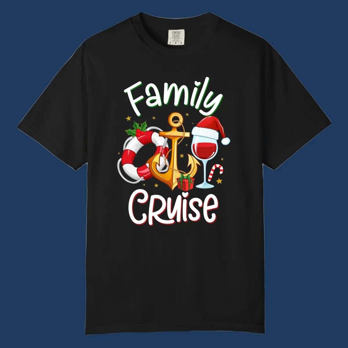 Family Cruise design featuring anchor, life preserver, Santa wine glass, and candy cane with holiday nautical theme