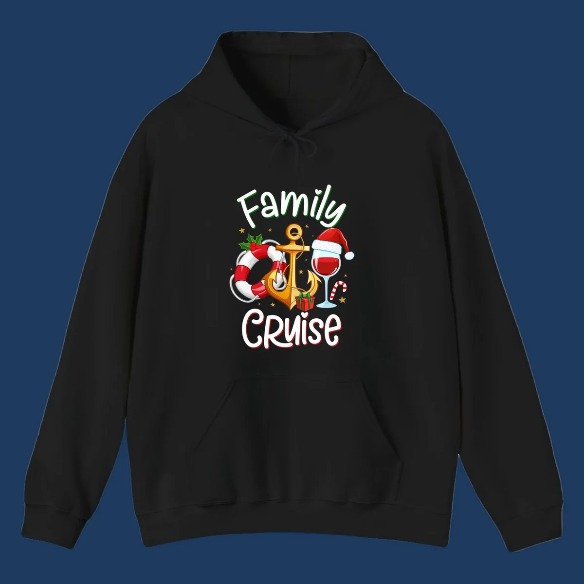 Family Cruise design featuring anchor, life preserver, Santa wine glass, and candy cane with holiday nautical theme