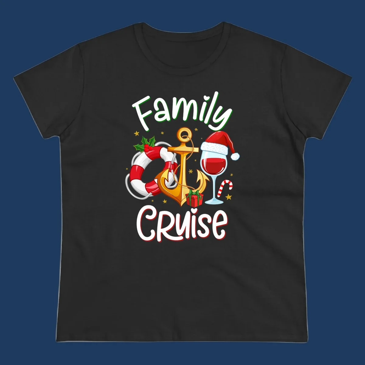 Family Cruise design featuring anchor, life preserver, Santa wine glass, and candy cane with holiday nautical theme