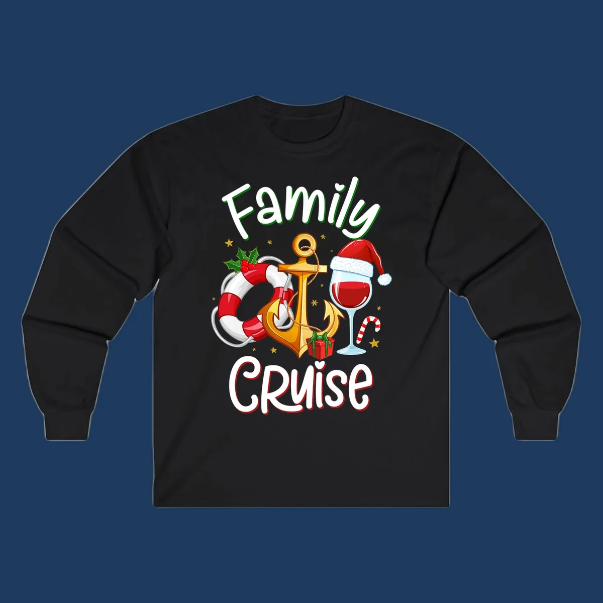 Family Cruise design featuring anchor, life preserver, Santa wine glass, and candy cane with holiday nautical theme