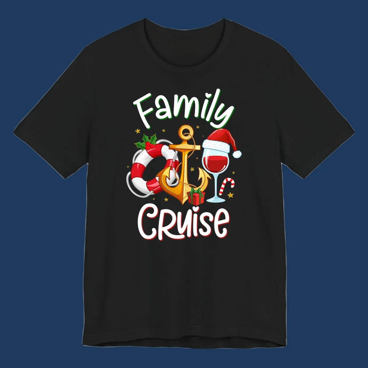 Family Cruise design featuring anchor, life preserver, Santa wine glass, and candy cane with holiday nautical theme