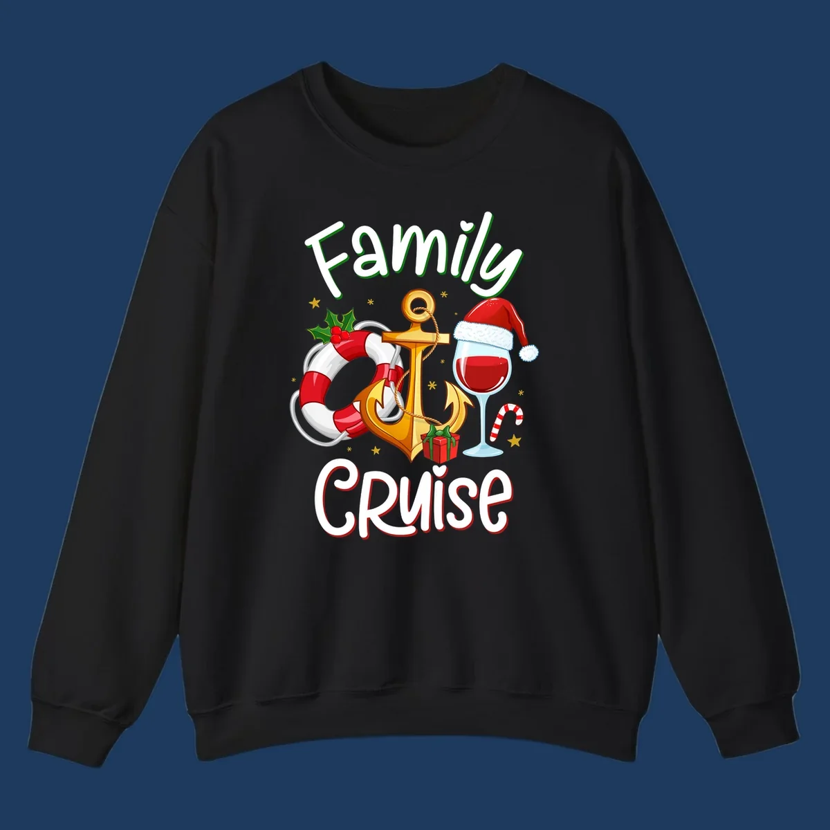Family Cruise design featuring anchor, life preserver, Santa wine glass, and candy cane with holiday nautical theme