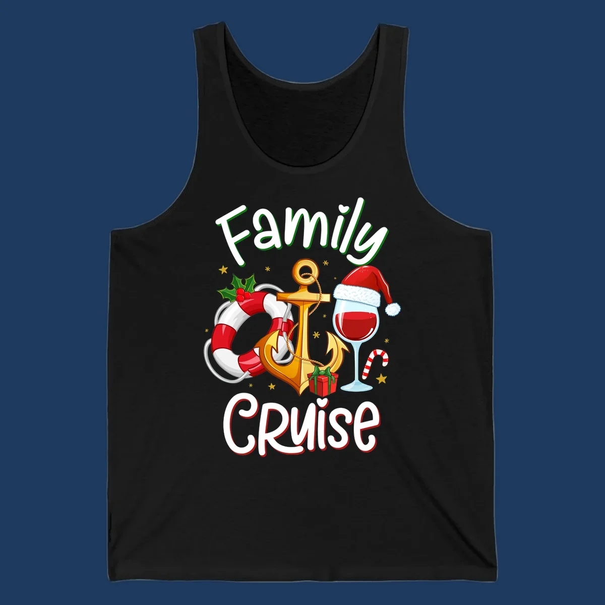 Family Cruise design featuring anchor, life preserver, Santa wine glass, and candy cane with holiday nautical theme