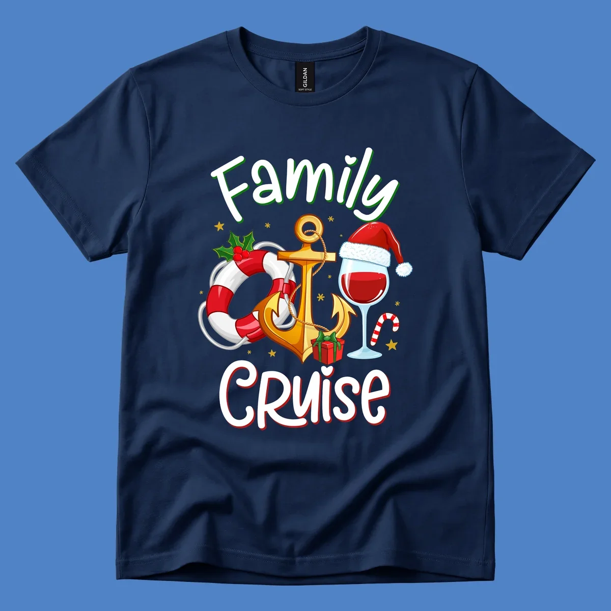 Family Cruise design featuring anchor, life preserver, Santa wine glass, and candy cane with holiday nautical theme