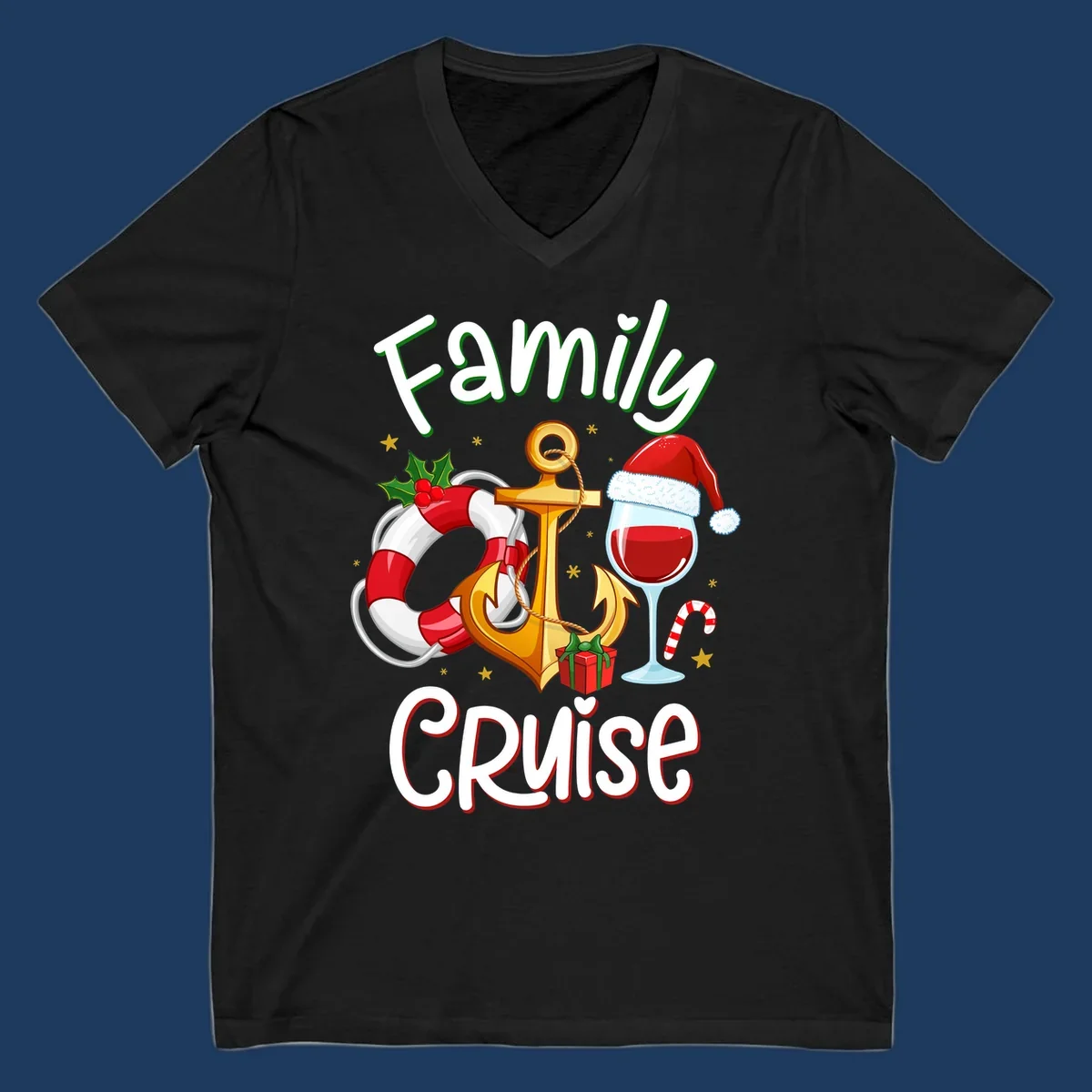 Family Cruise design featuring anchor, life preserver, Santa wine glass, and candy cane with holiday nautical theme
