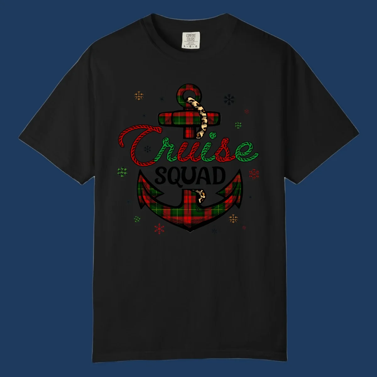 Cruise squad holiday design featuring plaid anchor with rope lettering, snowflakes, and nautical cross on gray background